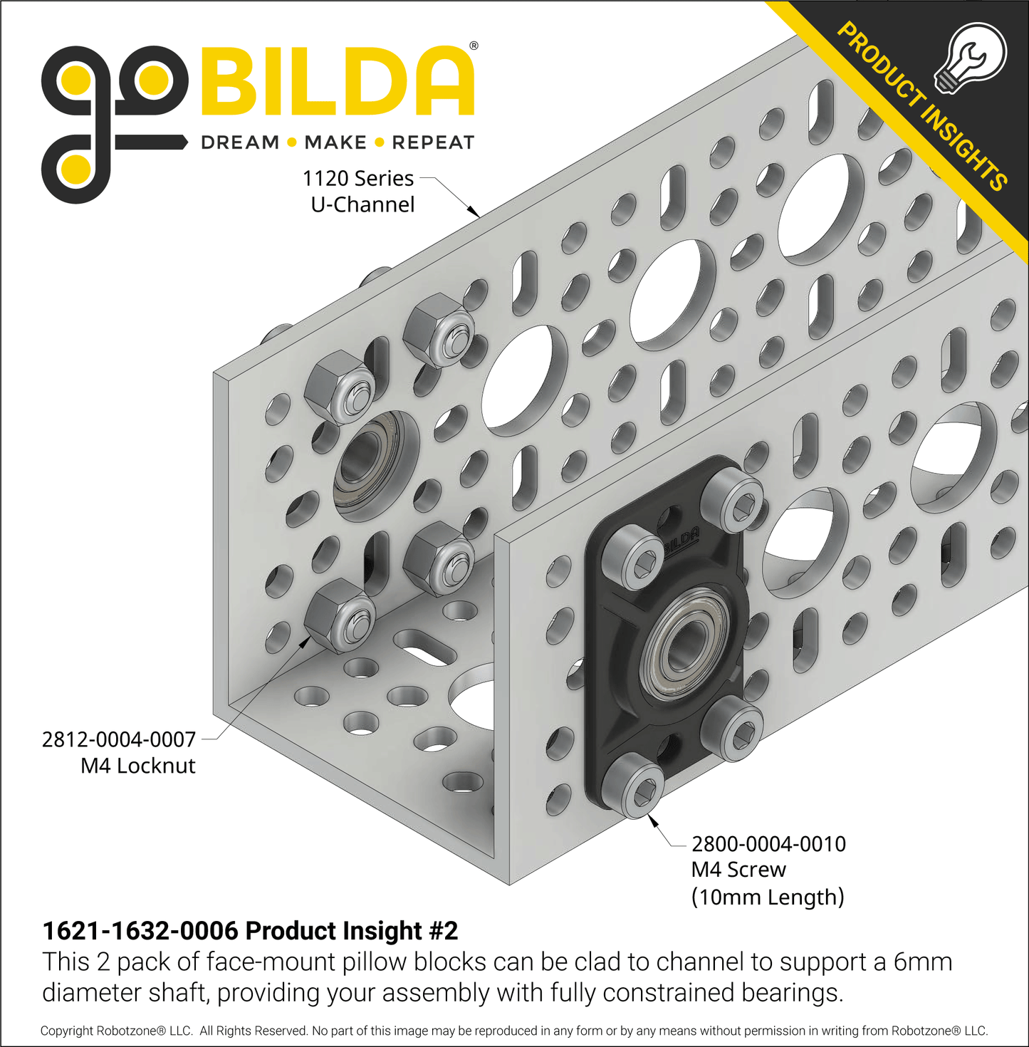 6mm Bore Flat Pillow Block (16mm x 32mm Mounting Pattern) - 2 Pack