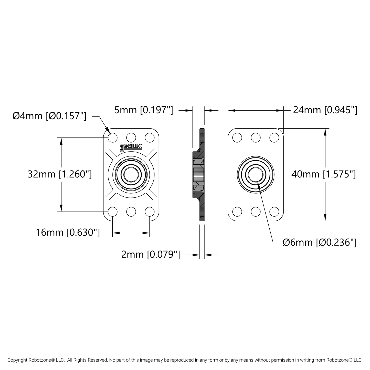 6mm Bore Flat Pillow Block (16mm x 32mm Mounting Pattern) - 2 Pack