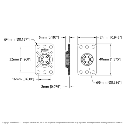 6mm Bore Flat Pillow Block (16mm x 32mm Mounting Pattern) - 2 Pack