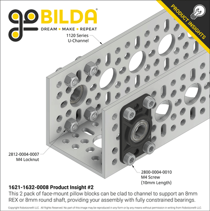 8mm Bore Flat Pillow Block (16mm x 32mm Mounting Pattern) - 2 Pack