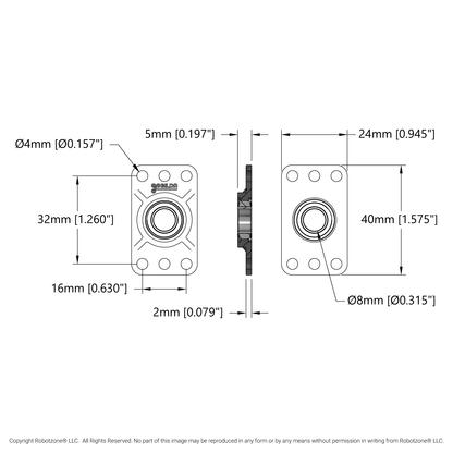 8mm Bore Flat Pillow Block (16mm x 32mm Mounting Pattern) - 2 Pack