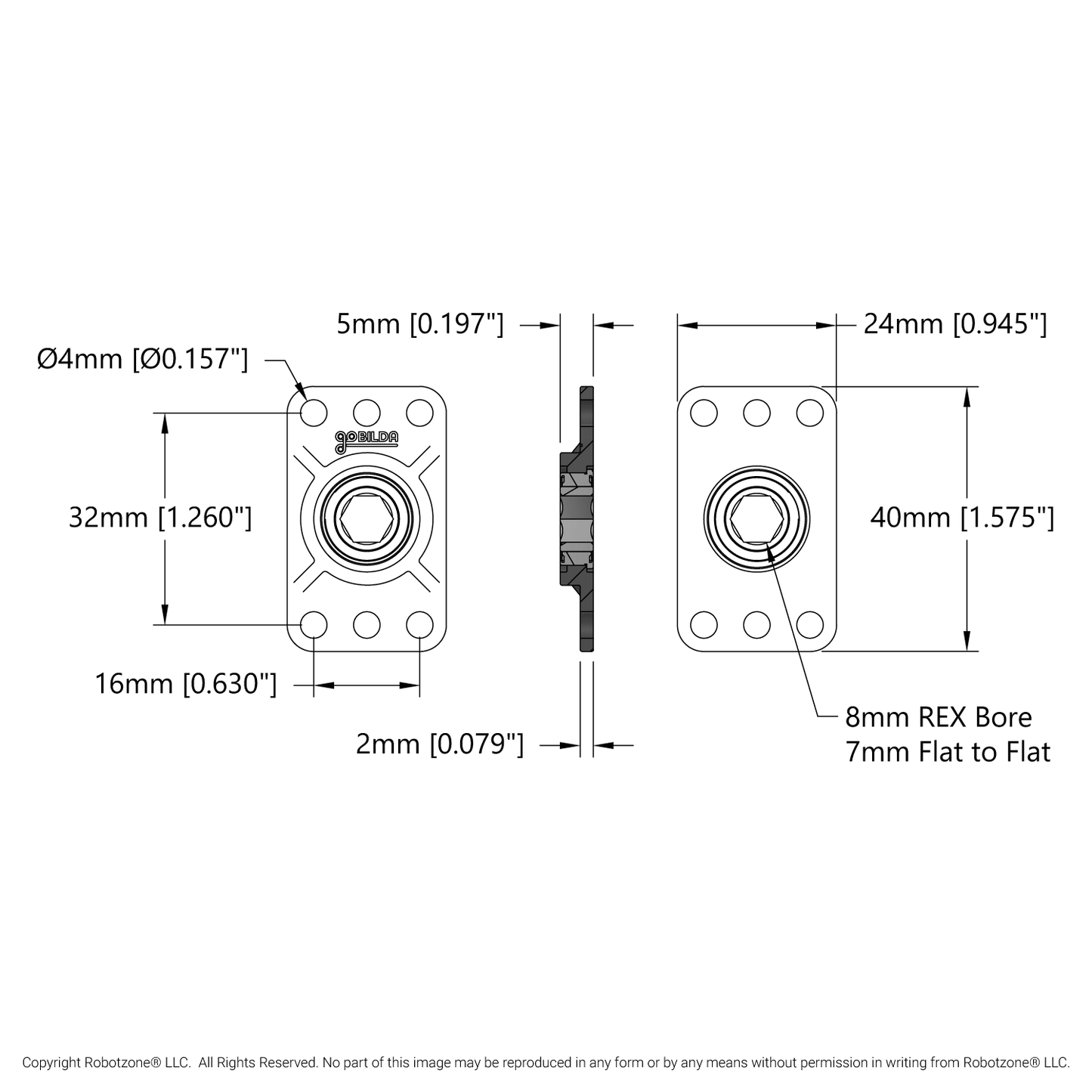 8mm REX™ Bore Flat Pillow Block (16mm x 32mm Mounting Pattern) - 2 Pack