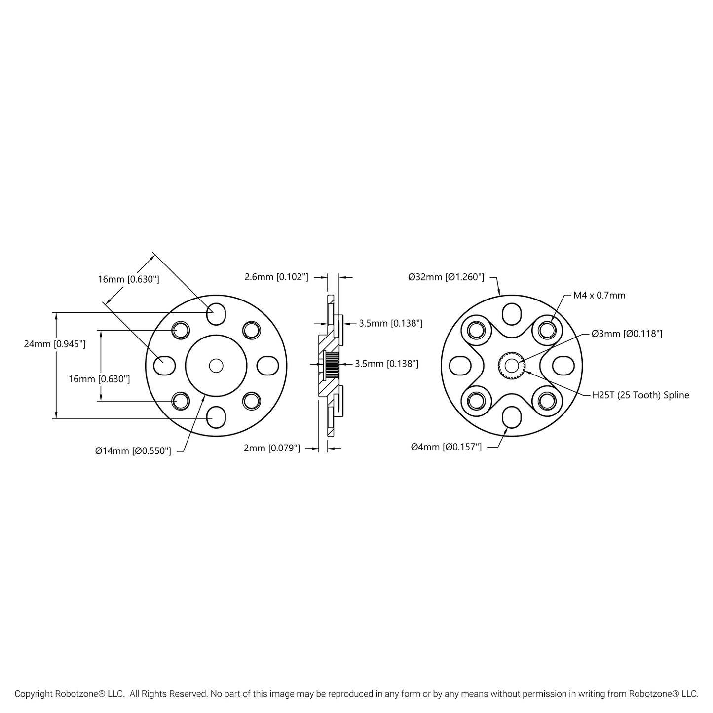 1906 Series Low-Profile Servo Hub (25 Tooth Spline, 32mm Diameter)