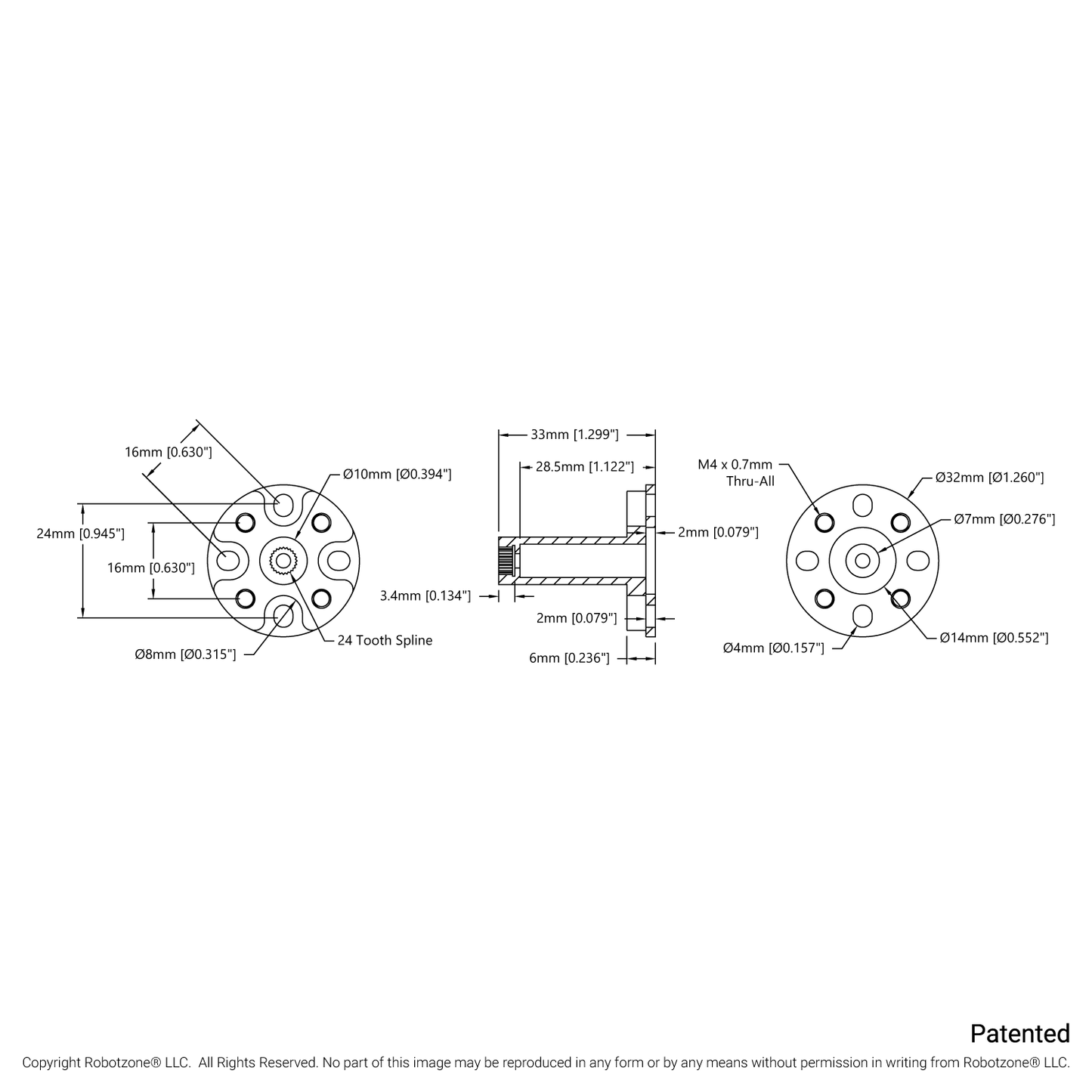 1910 Series Servo Hub Shaft (24 Tooth Spline, 10mm Shaft Diameter, 33mm Length)