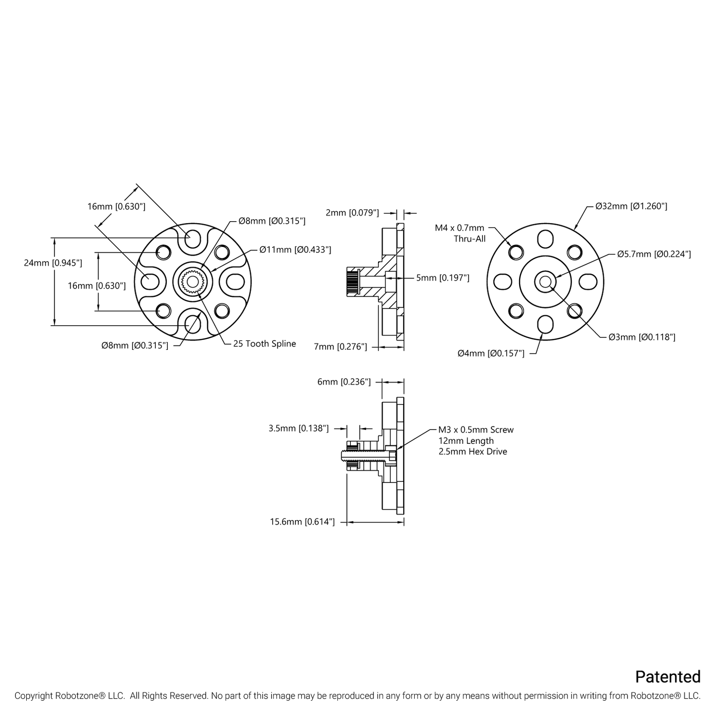 1910 Series Servo Hub-Shaft (25 Tooth Spline, 8mm Shaft Diameter, 16mm Length)