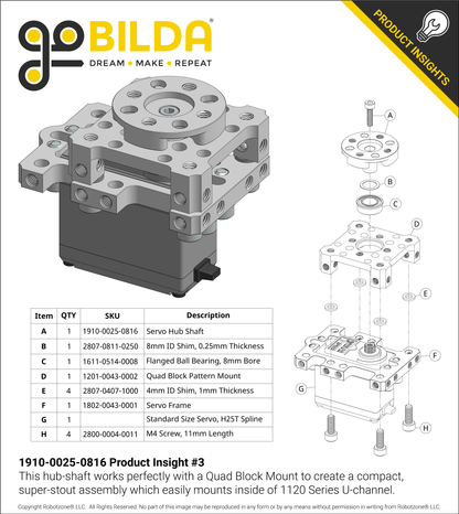 1910 Series Servo Hub-Shaft (25 Tooth Spline, 8mm Shaft Diameter, 16mm Length)