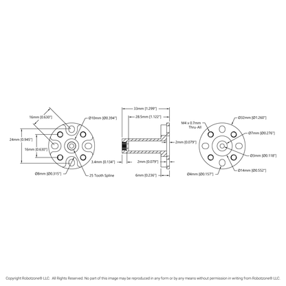 1910 Series Servo Hub Shaft (25 Tooth Spline, 10mm Shaft Diameter, 33mm Length)