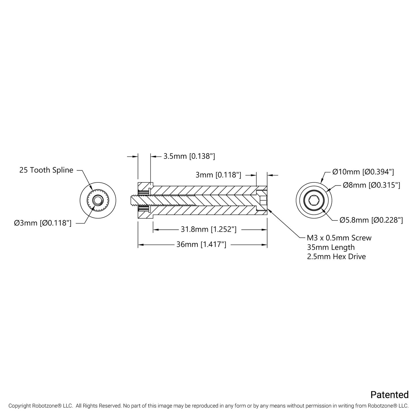 8mm Round Servo Shaft (25 Tooth Spline, 36mm Length)