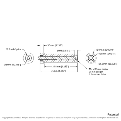 8mm Round Servo Shaft (25 Tooth Spline, 36mm Length)