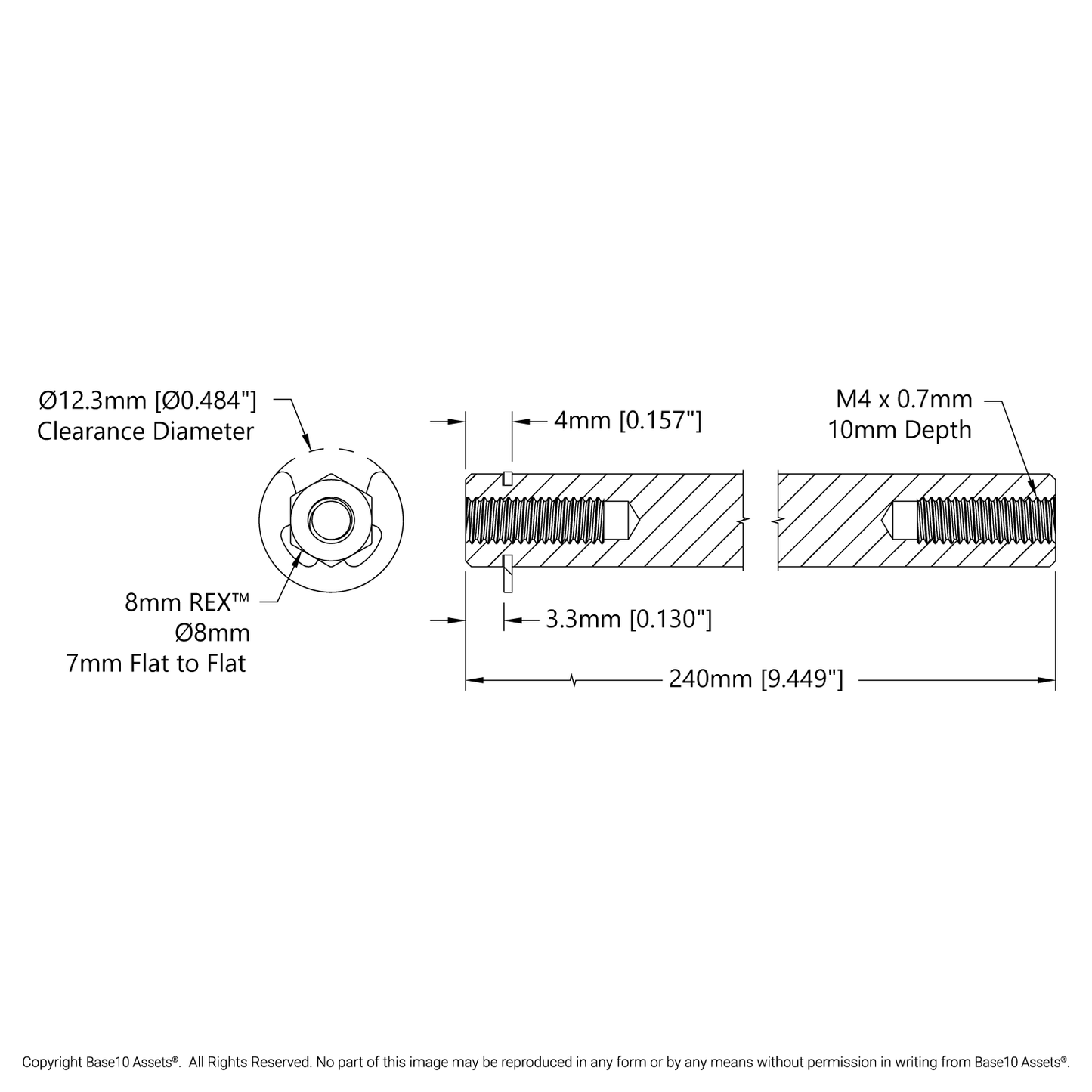 8mm REX™ Shaft with E-Clip (Stainless Steel, 240mm Length)