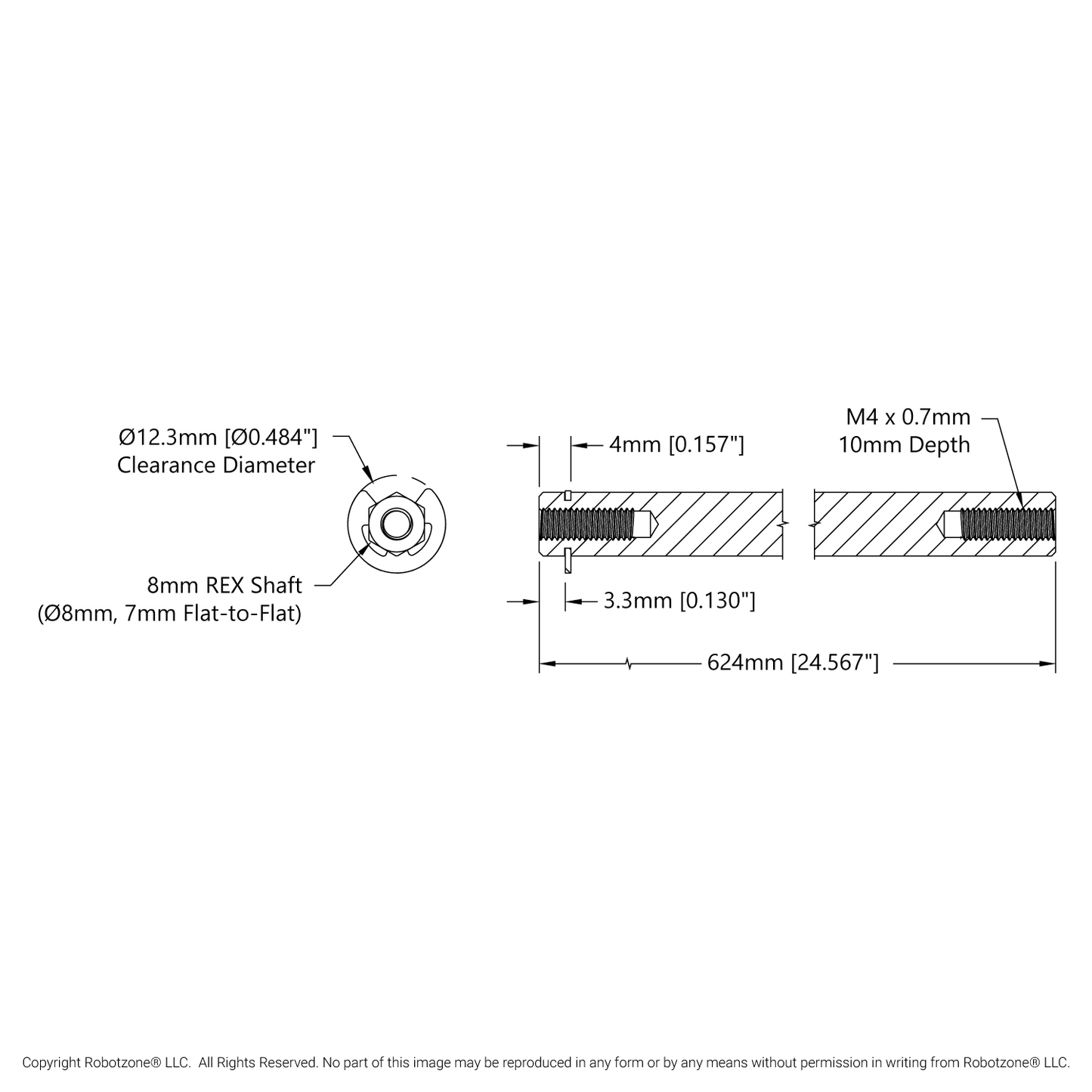 8mm REX™ Shaft with E-Clip (Stainless Steel, 624mm Length)