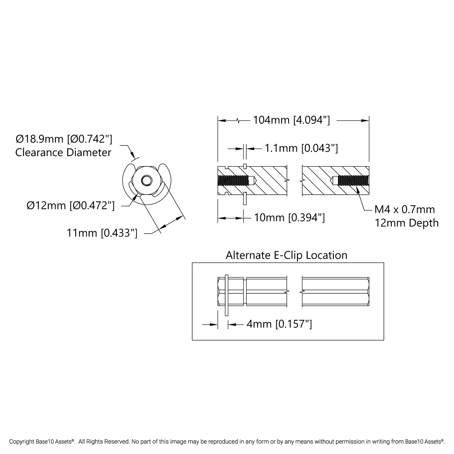 12mm REX™ Shaft with E-Clip (Stainless Steel, 104mm Length)