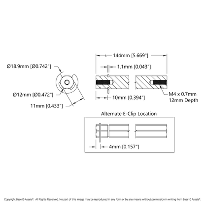 12mm REX™ Shaft with E-Clip (Stainless Steel, 144mm Length)