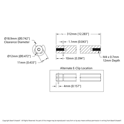 12mm REX™ Shaft with E-Clip (Stainless Steel, 312mm Length)