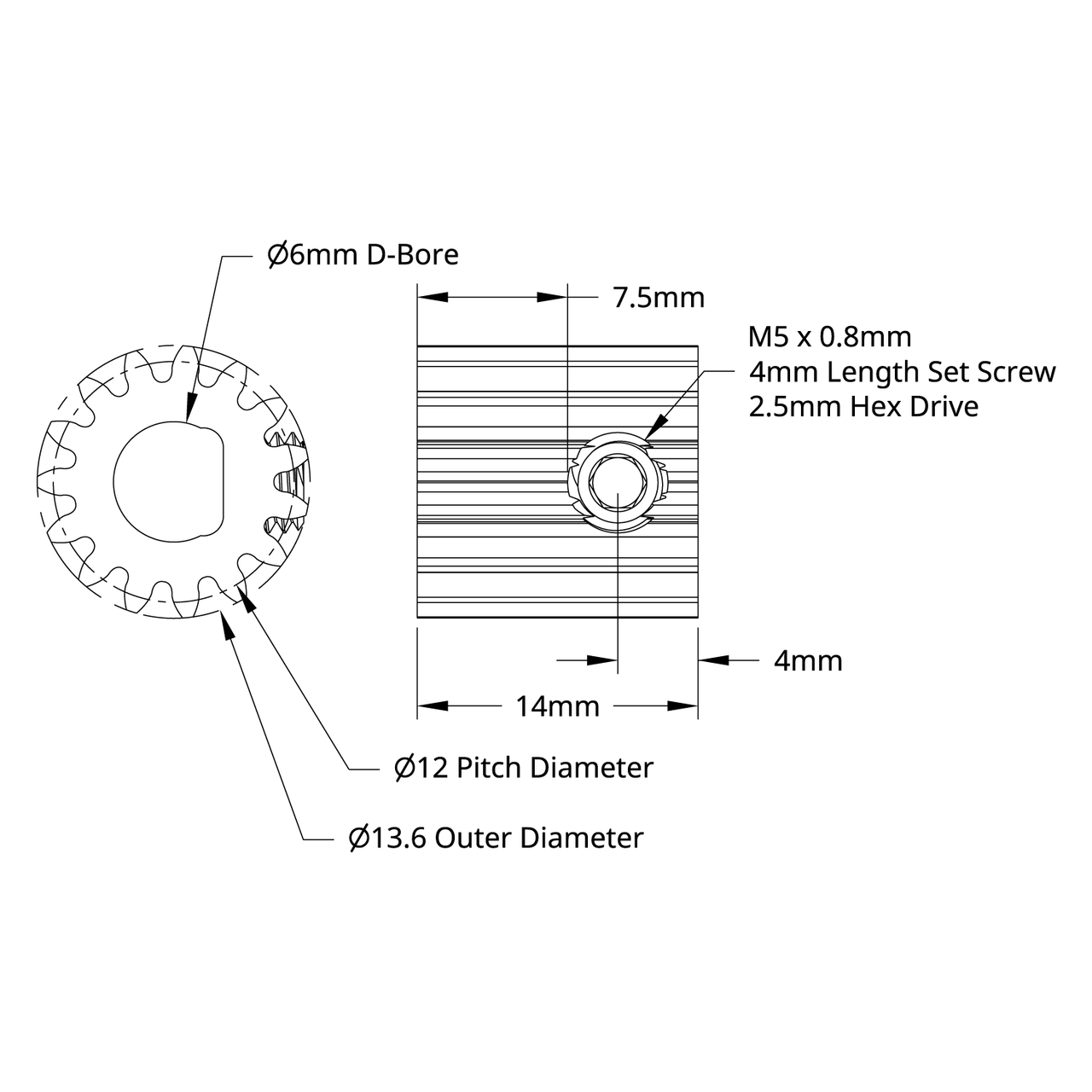 2301 Series Brass, MOD 0.8 Pinion Gear (6mm D-Bore, 15 Tooth)