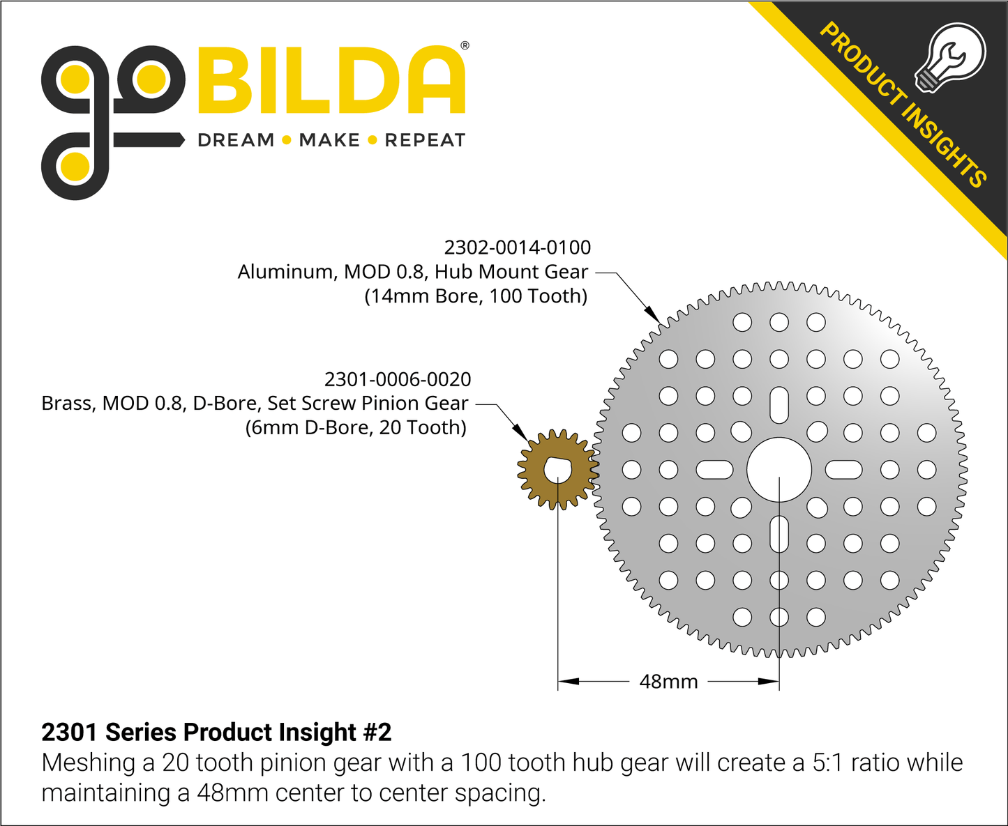 2302 Series Aluminum, MOD 0.8, Hub Mount Gear (14mm Bore, 100 Tooth)