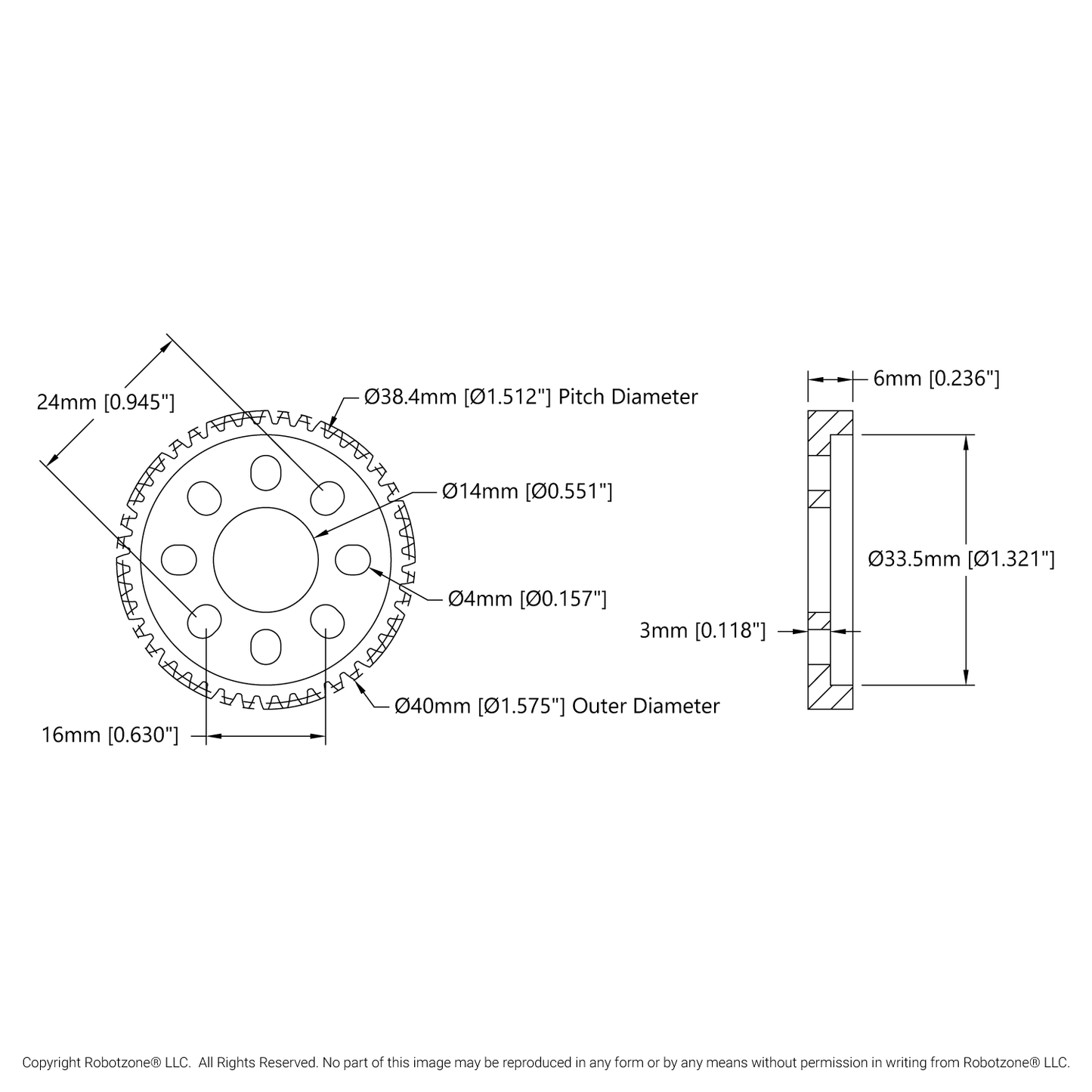 2302 Series Aluminum, MOD 0.8, Hub Mount Gear (14mm Bore, 48 Tooth)