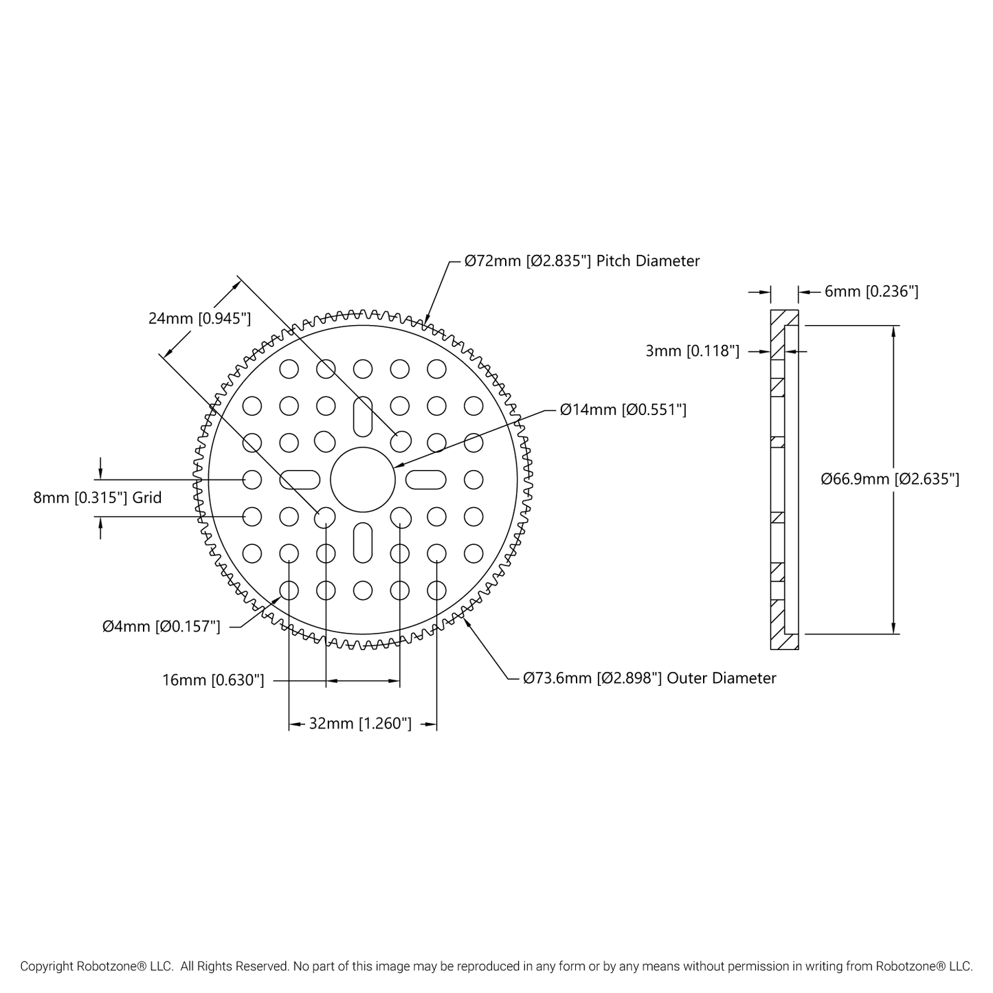 2302 Series Aluminum, MOD 0.8, Hub Mount Gear (14mm Bore, 90 Tooth)