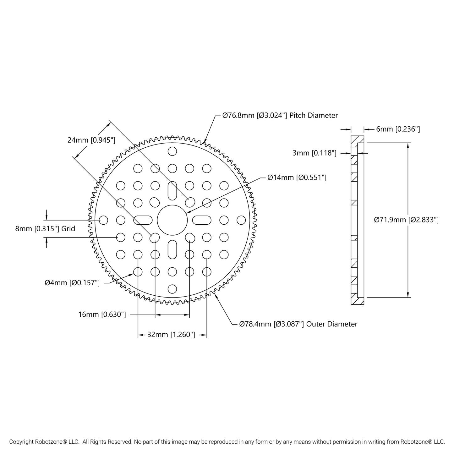 2302 Series Aluminum, MOD 0.8, Hub Mount Gear (14mm Bore, 96 Tooth)