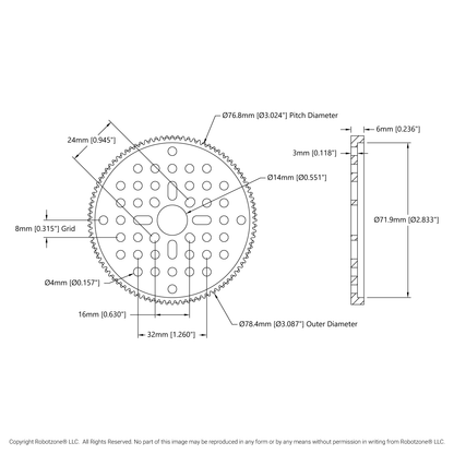 2302 Series Aluminum, MOD 0.8, Hub Mount Gear (14mm Bore, 96 Tooth)