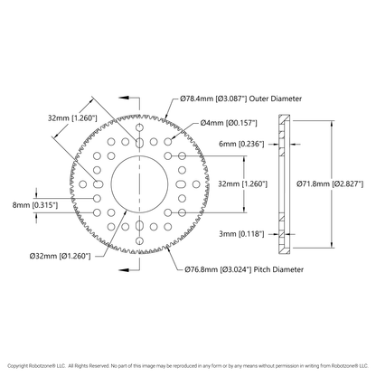 2302 Series Aluminum, MOD 0.8, Hub Mount Gear (32mm Bore,  96 Tooth)