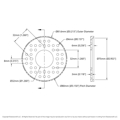 2302 Series Aluminum, MOD 0.8, Hub Mount Gear (32mm Bore, 100 Tooth)