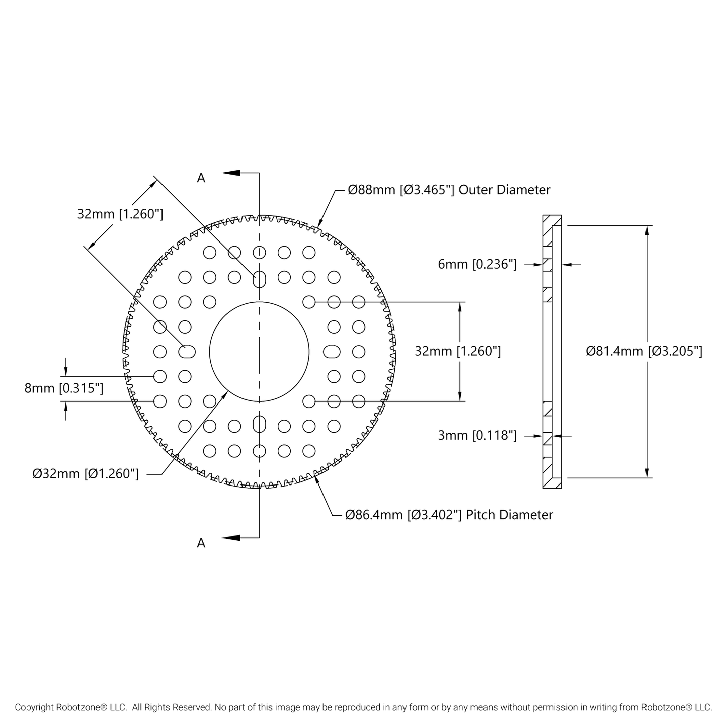 2302 Series Aluminum, MOD 0.8, Hub Mount Gear (32mm Bore, 108 Tooth)