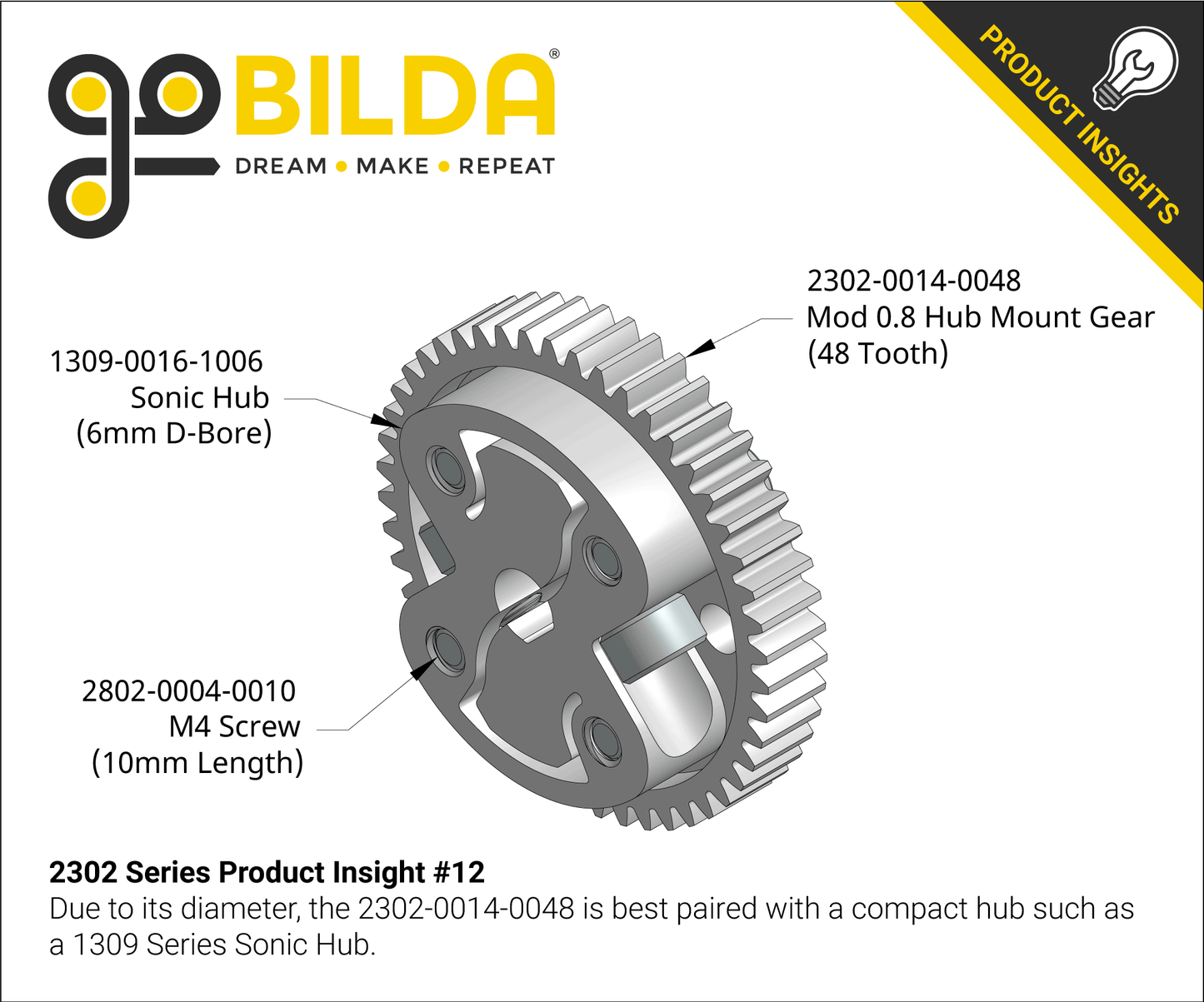 2302 Series Aluminum, MOD 0.8, Hub Mount Gear (14mm Bore, 48 Tooth)