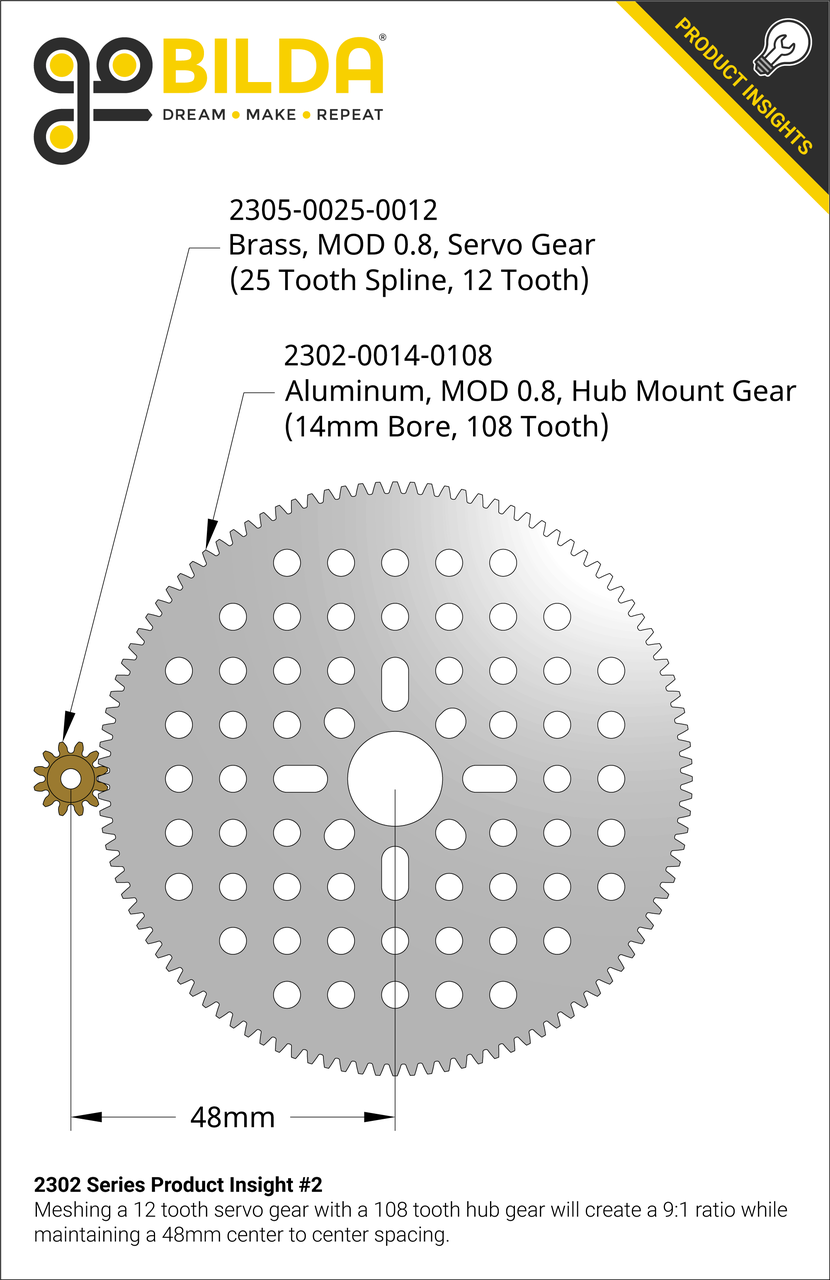 2302 Series Aluminum, MOD 0.8, Hub Mount Gear (14mm Bore, 108 Tooth)