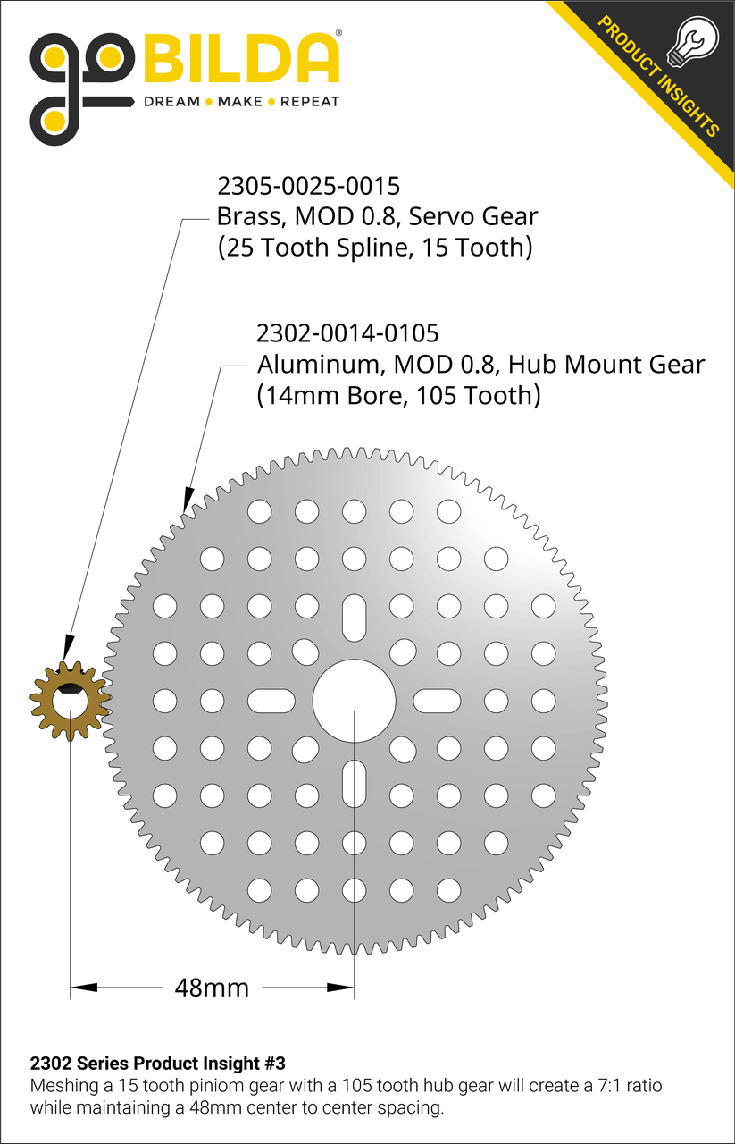 2302 Series Aluminum, MOD 0.8, Hub Mount Gear (14mm Bore, 105 Tooth)