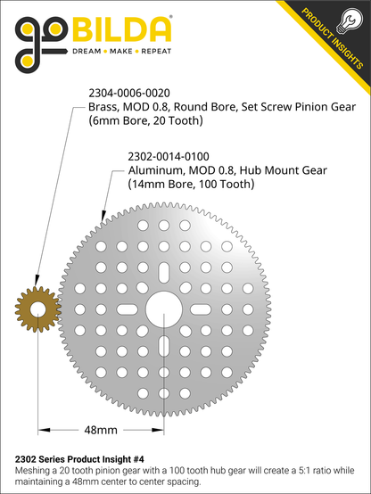 2302 Series Aluminum, MOD 0.8, Hub Mount Gear (14mm Bore, 100 Tooth)