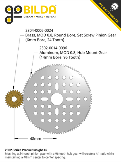 2302 Series Aluminum, MOD 0.8, Hub Mount Gear (14mm Bore, 96 Tooth)