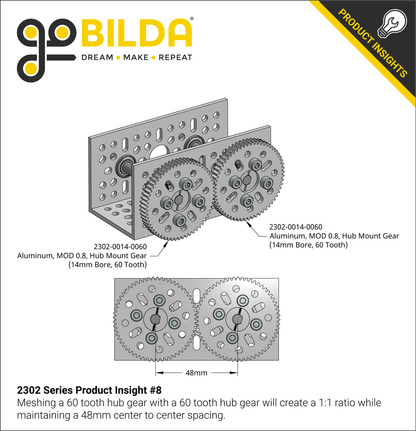 2302 Series Aluminum, MOD 0.8, Hub Mount Gear (14mm Bore, 60 Tooth)