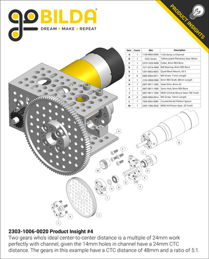 2303 Series Steel, MOD 0.8 Pinion Gear (6mm D-Bore, 20 Tooth)