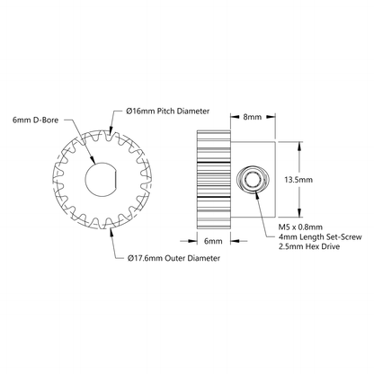 2303 Series Steel, MOD 0.8 Pinion Gear (6mm D-Bore, 20 Tooth)