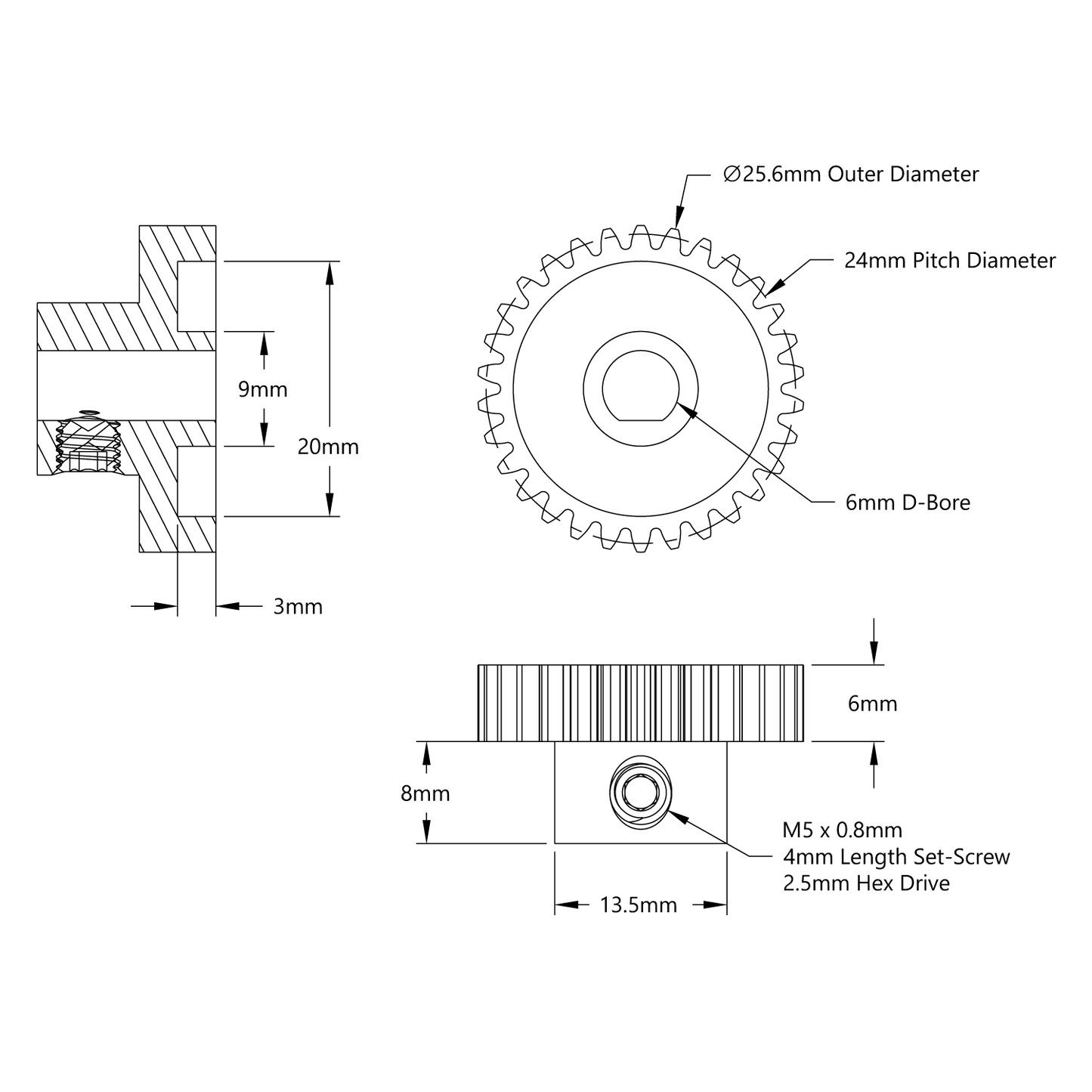 2303 Series Steel, MOD 0.8 Pinion Gear (6mm D-Bore, 30 Tooth)