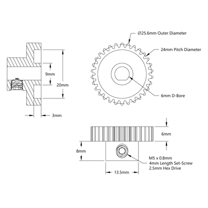 2303 Series Steel, MOD 0.8 Pinion Gear (6mm D-Bore, 30 Tooth)