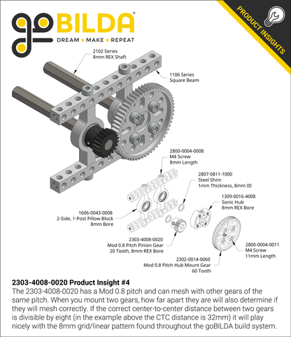 2303 Series Steel, MOD 0.8 Pinion Gear (8mm REX™ Bore, 20 Tooth)