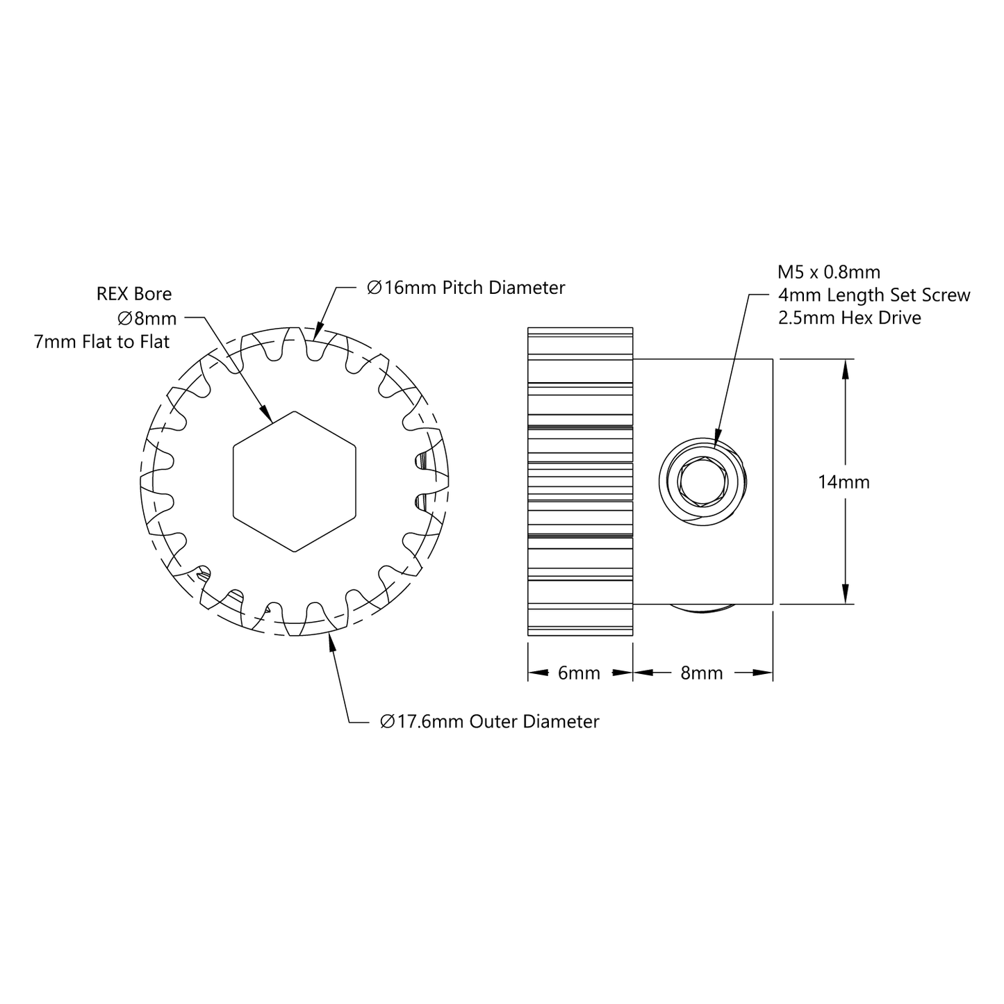 2303 Series Steel, MOD 0.8 Pinion Gear (8mm REX™ Bore, 20 Tooth)