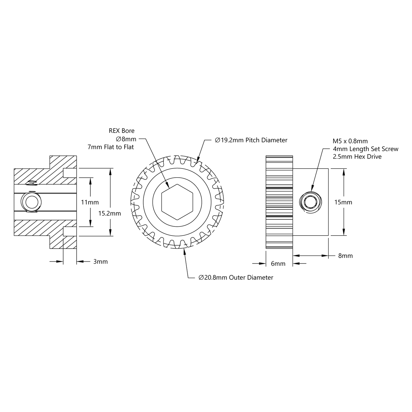 2303 Series Steel, MOD 0.8 Pinion Gear (8mm REX™ Bore, 24 Tooth)