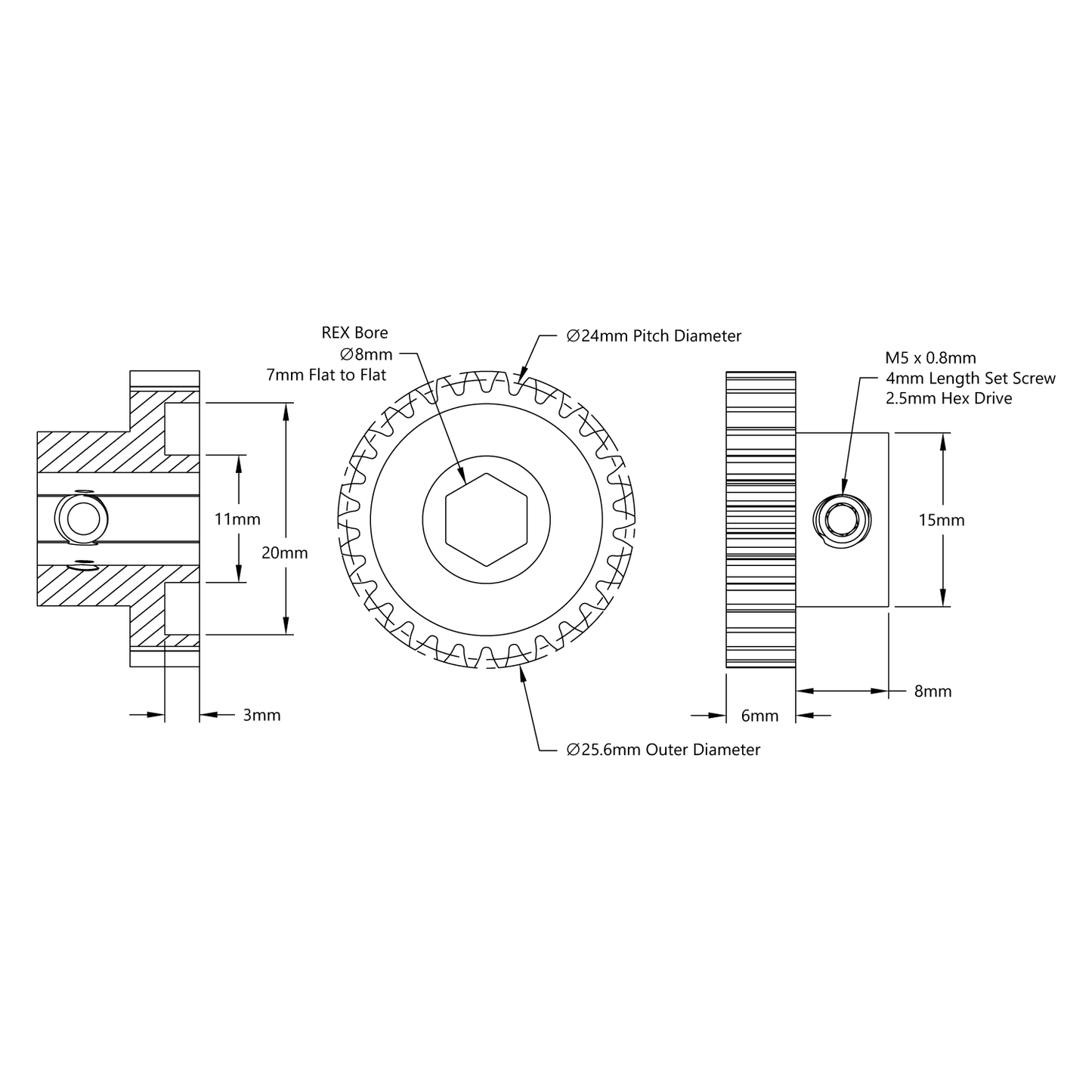 2303 Series Steel, MOD 0.8 Pinion Gear (8mm REX™ Bore, 30 Tooth)