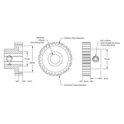 2303 Series Steel, MOD 0.8 Pinion Gear (8mm REX™ Bore, 30 Tooth)