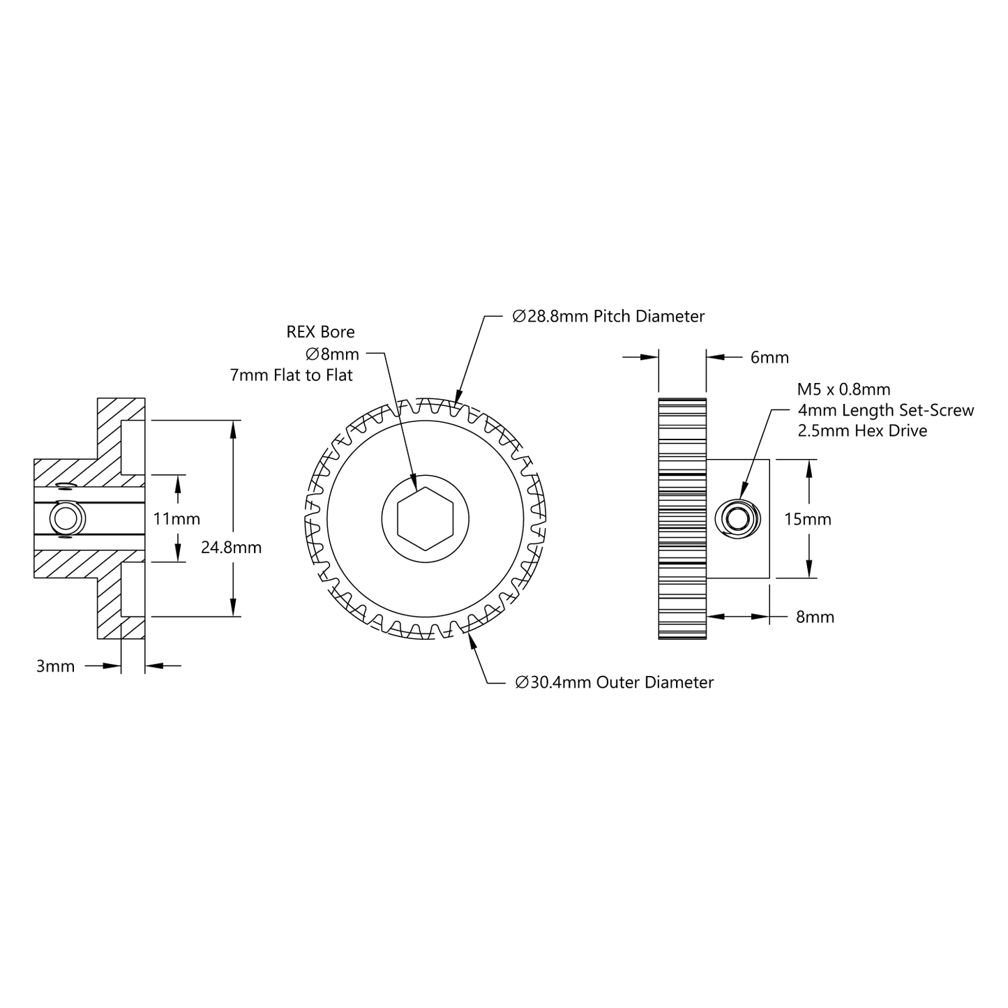 2303 Series Steel, MOD 0.8 Pinion Gear (8mm REX™ Bore, 36 Tooth)