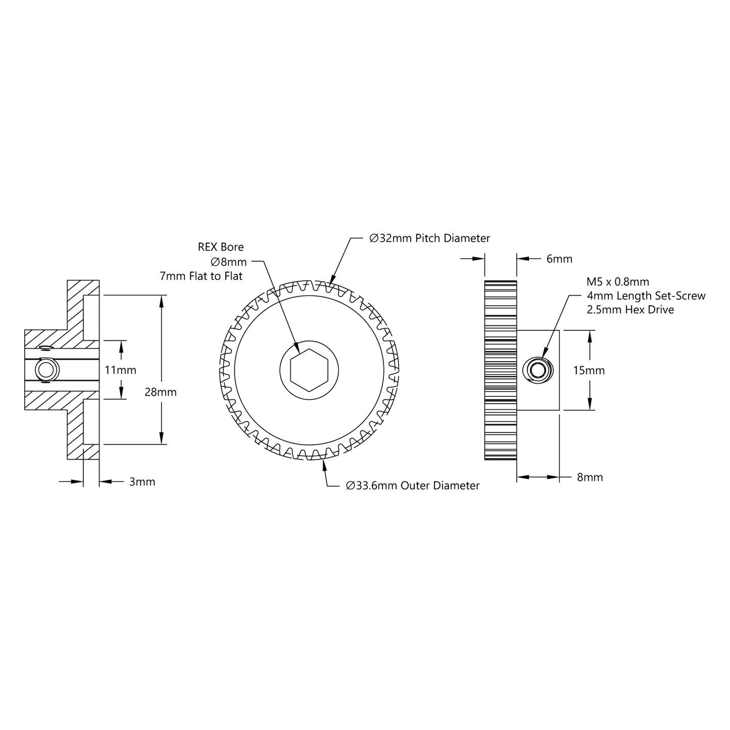 2303 Series Steel, MOD 0.8 Pinion Gear (8mm REX™ Bore, 40 Tooth)