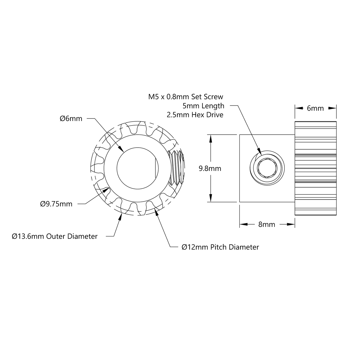 2304 Series Brass, MOD 0.8 Pinion Gear (6mm Bore, 15 Tooth)