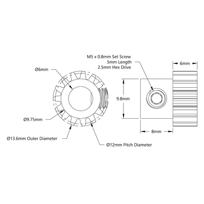 2304 Series Brass, MOD 0.8 Pinion Gear (6mm Bore, 15 Tooth)