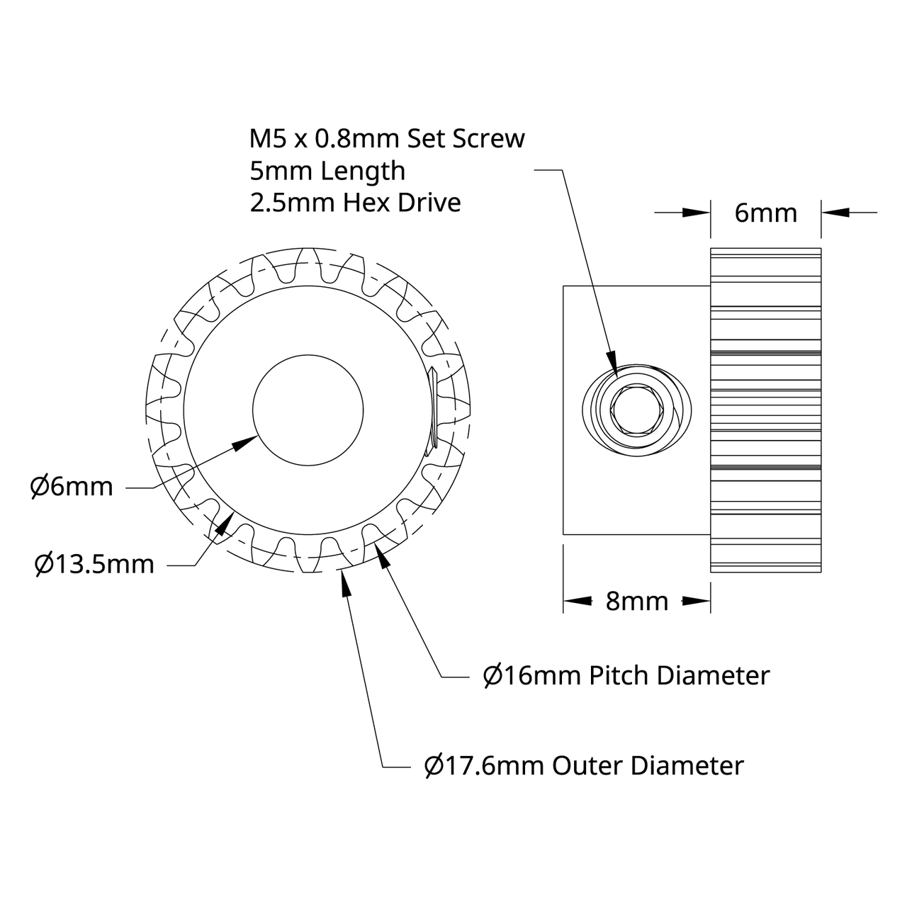 2304 Series Brass, MOD 0.8 Pinion Gear (6mm Bore, 20 Tooth)