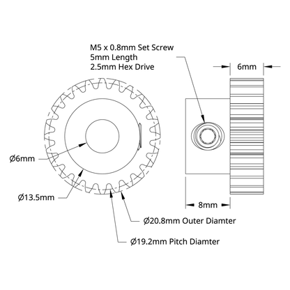 2304 Series Brass, MOD 0.8 Pinion Gear (6mm Bore, 24 Tooth)