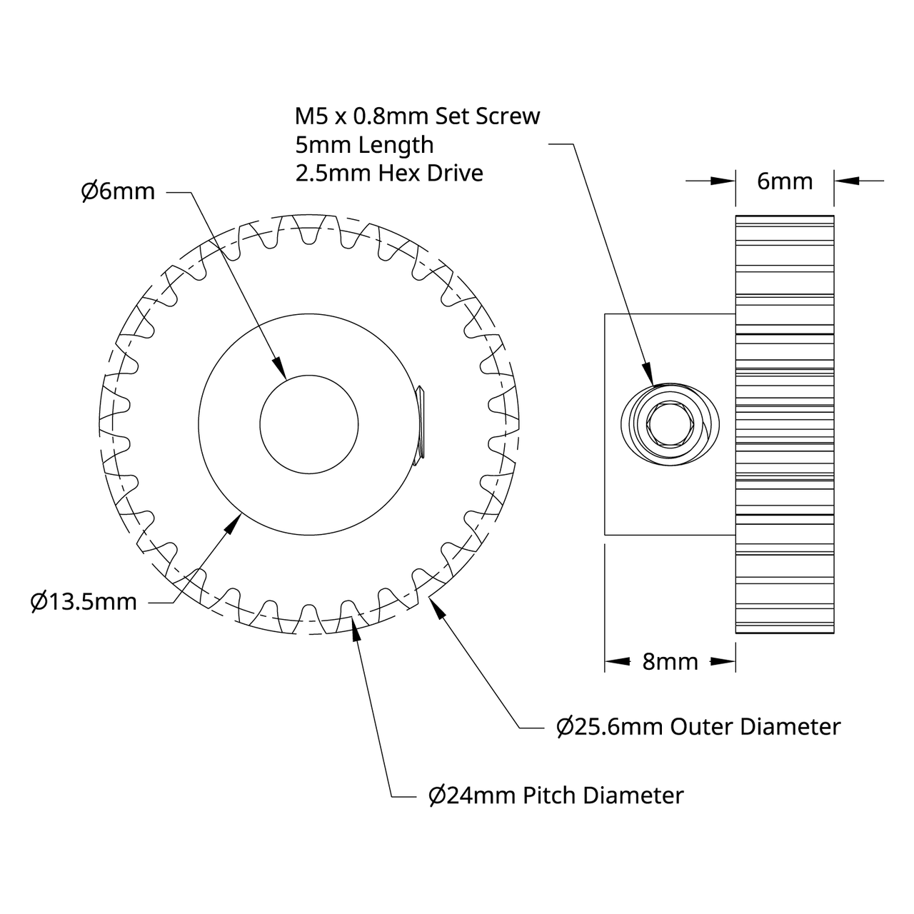 2304 Series Brass, MOD 0.8 Pinion Gear (6mm Bore, 30 Tooth)