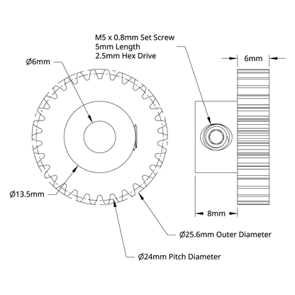 2304 Series Brass, MOD 0.8 Pinion Gear (6mm Bore, 30 Tooth)